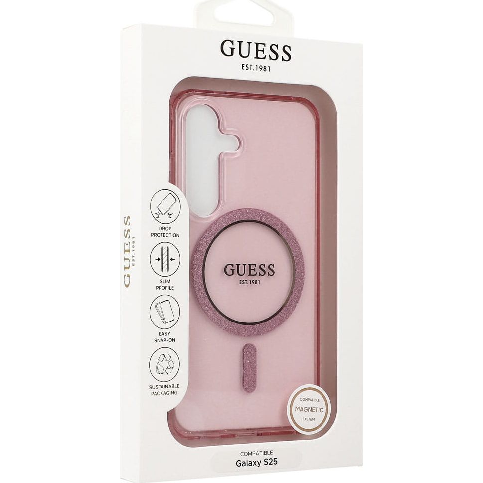 Etui Guess Glitter Circle Classic Logo do MagSafe do Samsung Galaxy S25, różowe